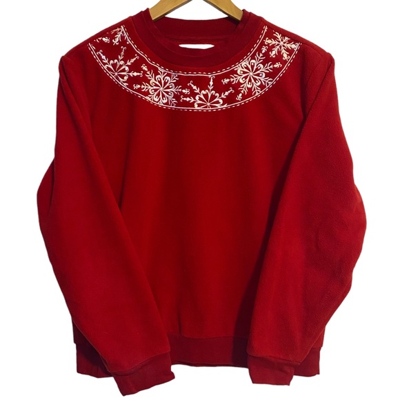 Vintage Tops - Vintage Tradition Red Fleece Embroidered Fleece Sweater